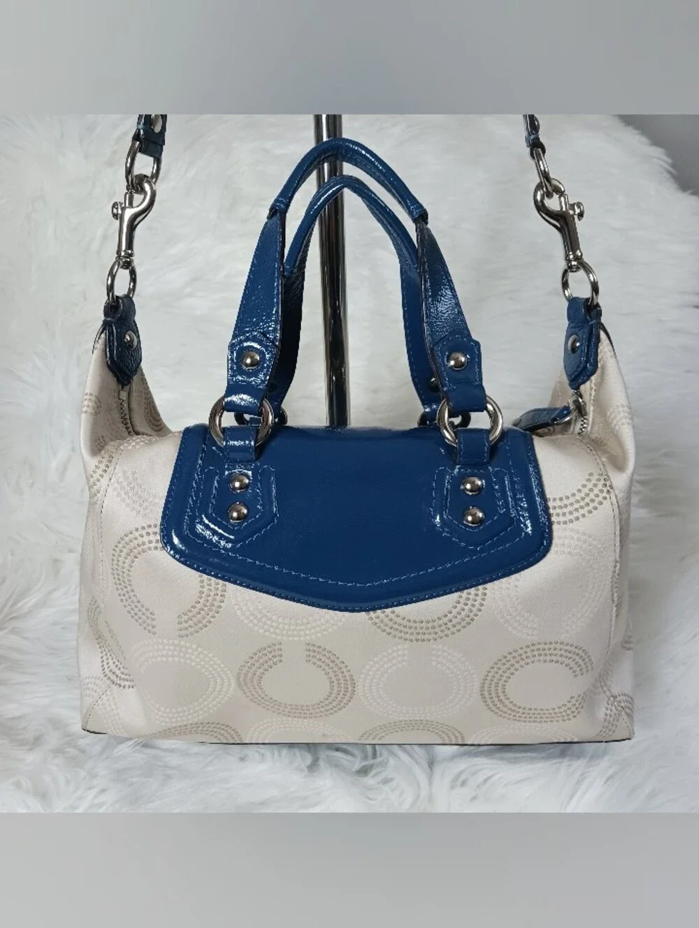 COACH ASHLEY DOTTED OP ART SATCHEL BAG F20027 Light Khaki / Cobalt Blue